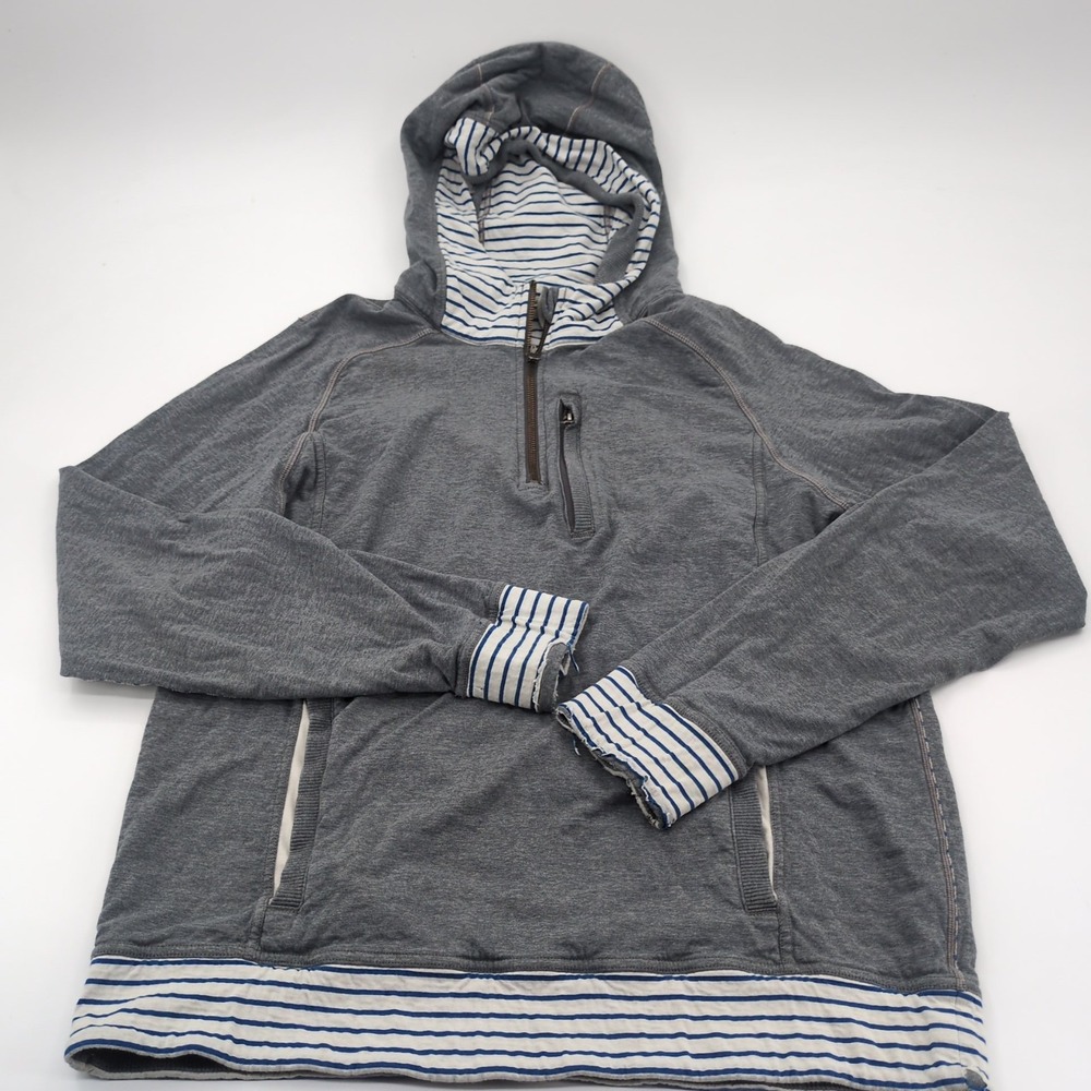 Lululemon Mens Hoodie‎ Sweatshirt Size M Grey Striped Trim 1/4 Zip Pullover Gym